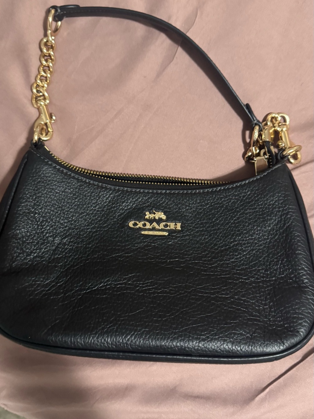 COACH Black Pebbled Leather Shoulder Bag with Gold Hardware